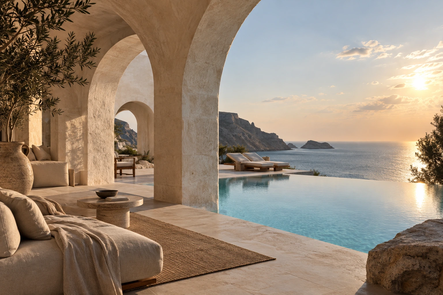 Immagine illustrativa di un hotel mediterraneo, generata con AI