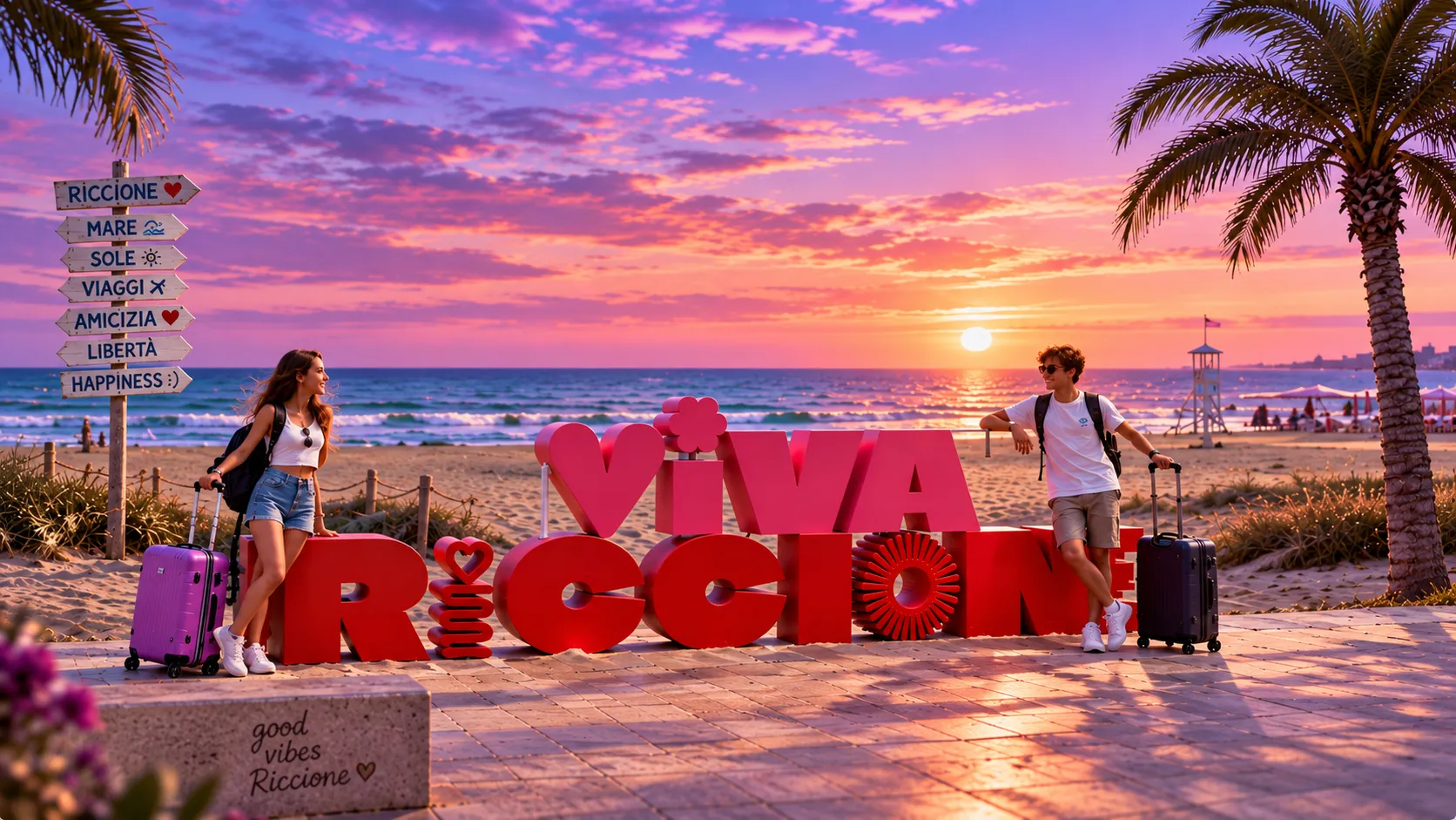 Riccione Disco Vibe: installazione VIVA Riccione sul lungomare al tramonto